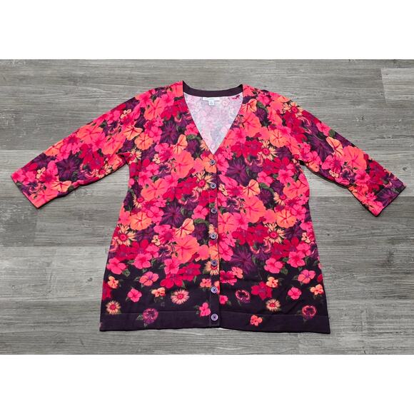 Isaac Mizrahi Live! Red Purple Floral Print V Neck Long Button Cardigan Sweater - Picture 8 of 8